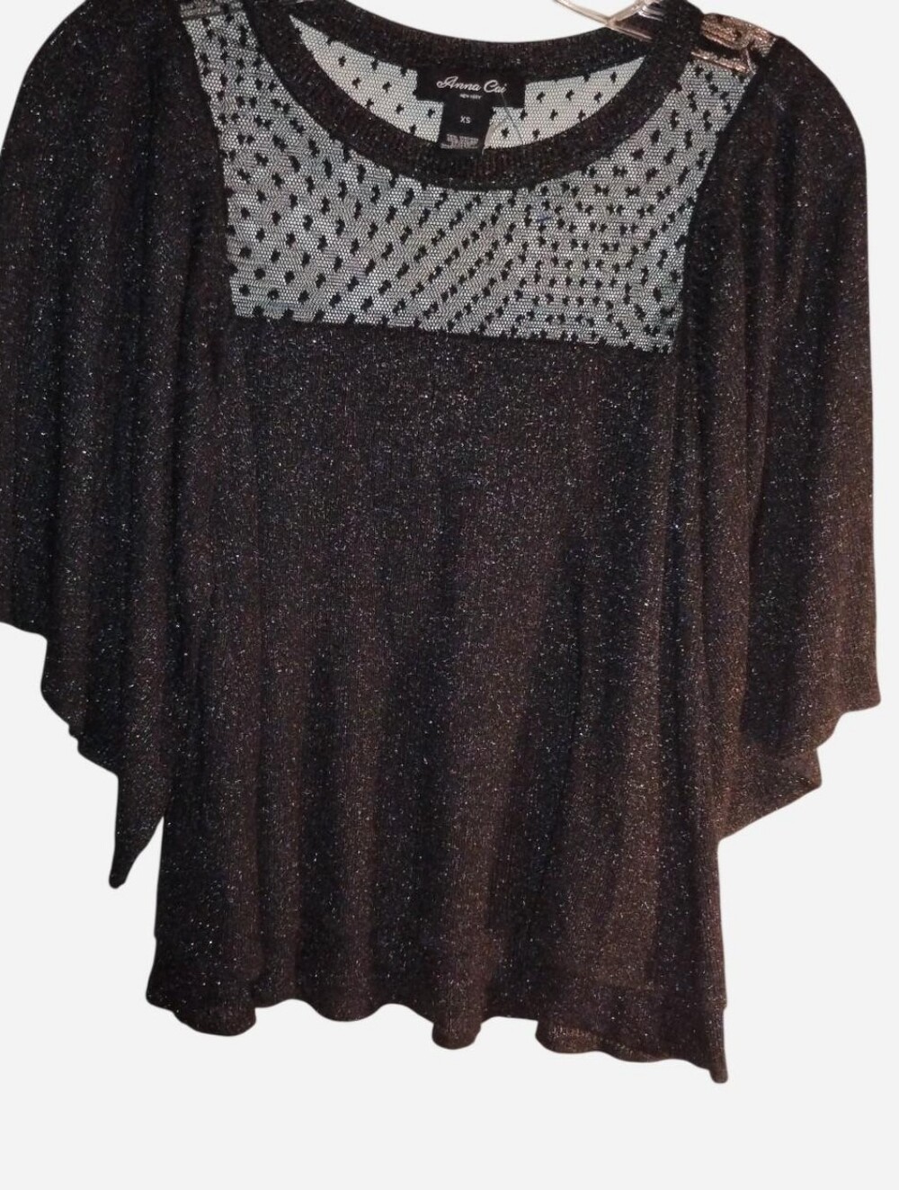 Anna Cai NY Metallic Shimmer Knit Top XS - Black Silver Mesh Illusion Neckline
